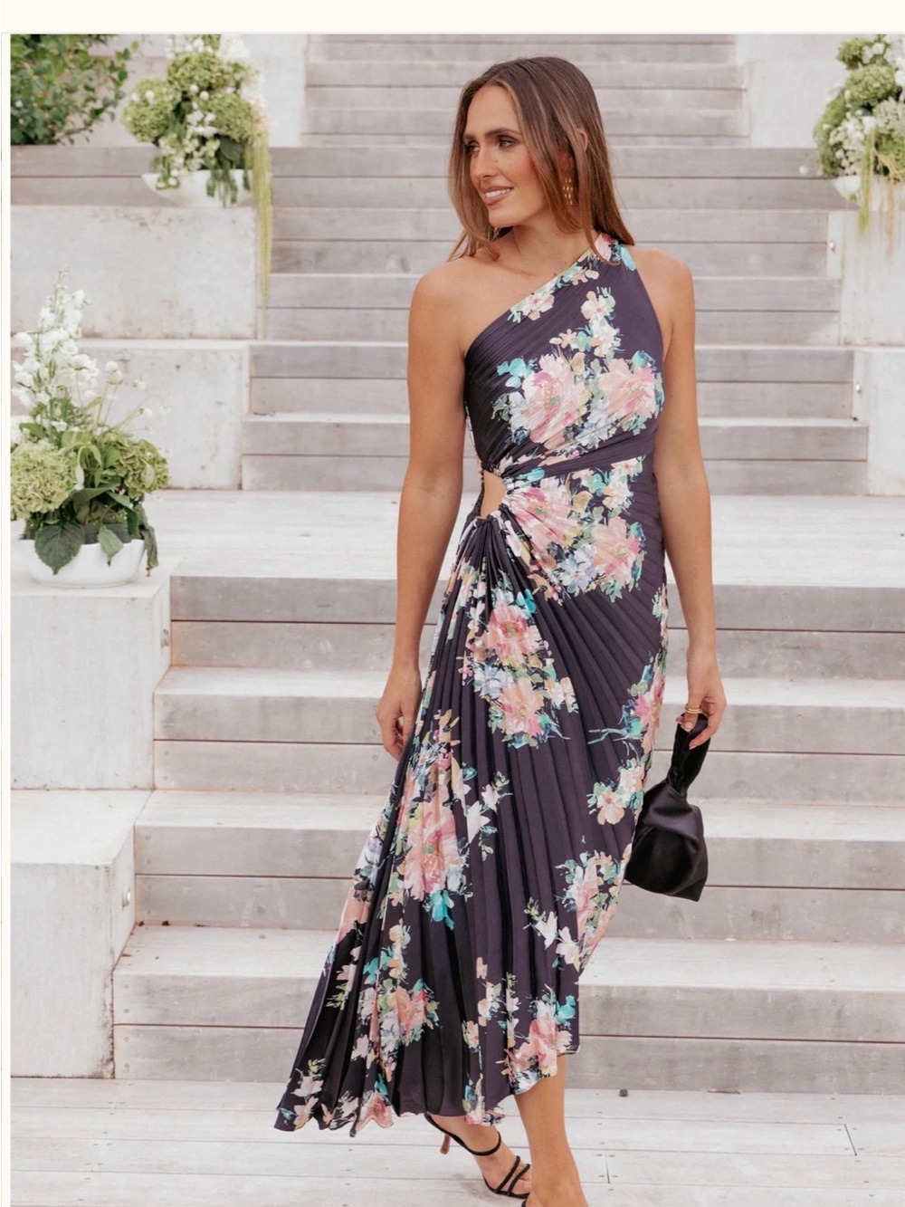 Petal & Pup Kleo One-Shoulder Floral Pleated Midi Dress